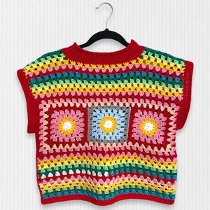 Handmade Crochet Granny Square Rainbow Daisy Sweater Vest Mock Neck Red Trim